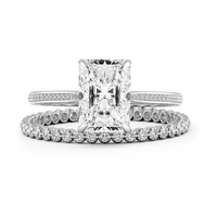 Radiant Cut Hidden Halo Pave Cathedral Engagement Ring Bridal Set - 484
