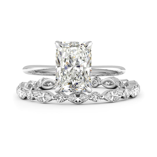 Radiant Cut Hidden Halo Engagement Ring Bridal Set - 485