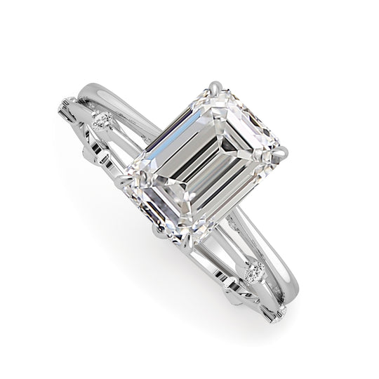 Emerald Cut Hidden Halo Cathedral Engagement Ring Bridal Set - 721