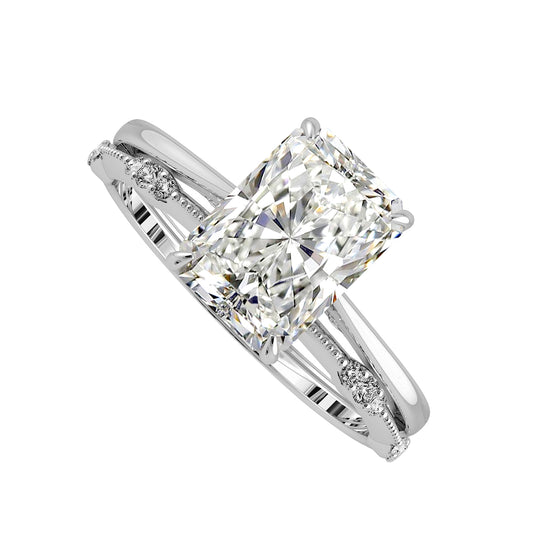Elongated Radiant Cut Hidden Halo Cathedral Engagement Ring Bridal Set - 603