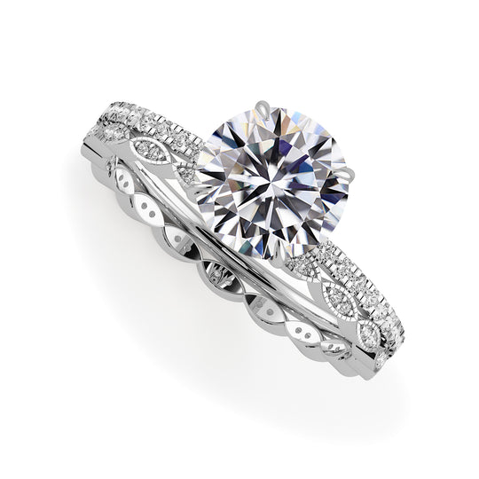 Round Brilliant Cut Hidden Halo Pave Engagement Ring Bridal Set - 402