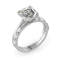 Squared Emerald Cut Hidden Halo Cathedral Engagement Ring Bridal Set - 623