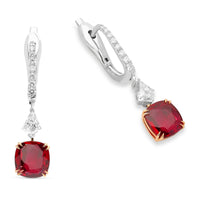 Cushion Cut Pigen Blood Ruby and Diamond Drop Earrings - 4.8 Carat
