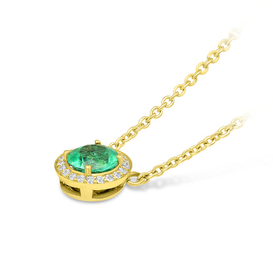 Yellow Gold Emerald Halo Pendant Necklace - 1.2 Carat