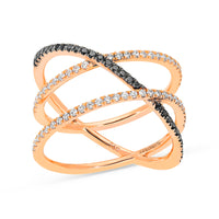 White and Black Diamond Rose Gold Triple Crossover Ring