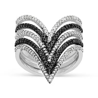 Multi Layer V Shape White and Black Diamonds Stacked Rings
