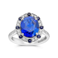 Oval Cut Cultured Blue Sapphire Cathedral Set Birthstone Halo Ring