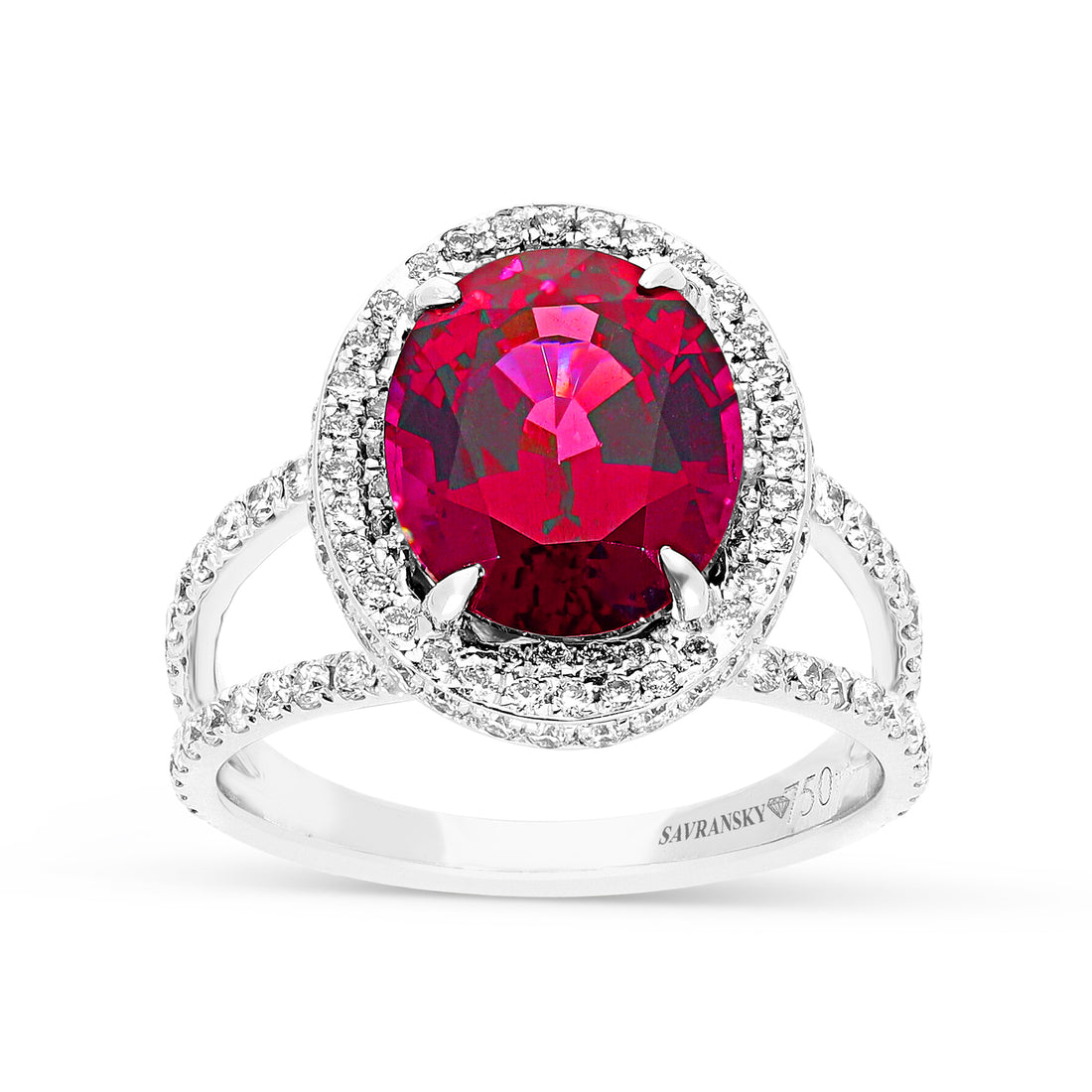 Oval Cut Rhodolite Double Edge Halo & Split Shank Ring