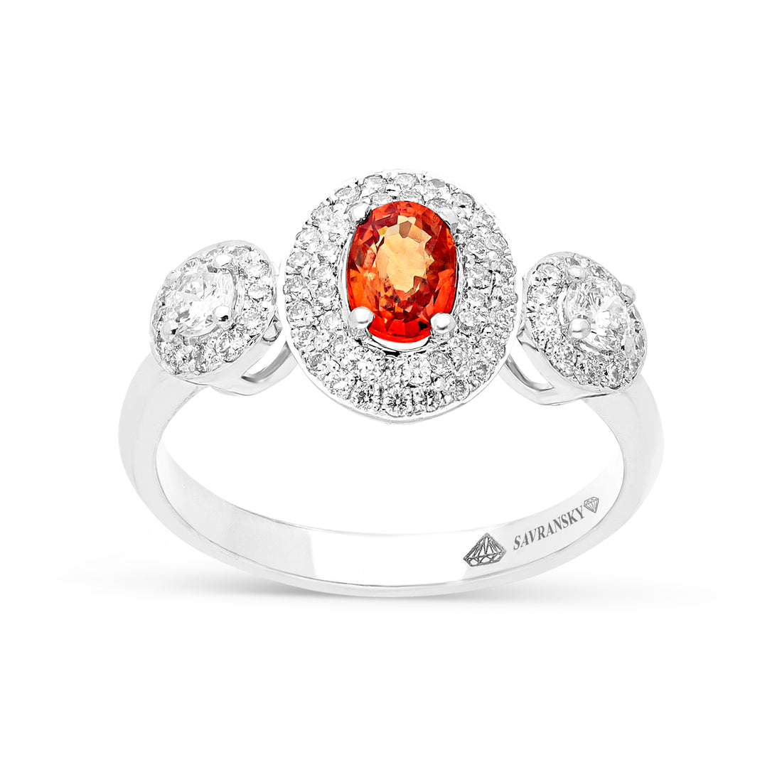 Birthstone Three Stone Oval Cut Natural Orange Sapphire Ring - 1.40 Carat