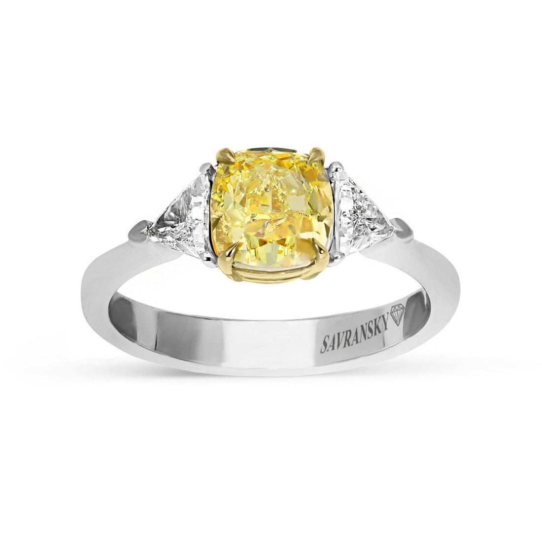 Cushion Cut Fancy Intense Yellow Three Stone Trillion Ring