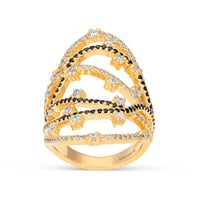 Yellow Gold Fashion Multi Layer White and Black Diamond Elongated Ring