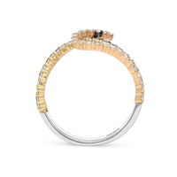 White and Black Diamond Crossover Ring in Tri Color Gold