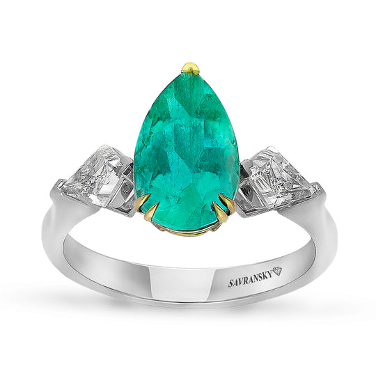 Pear Shape Columbia Emerald Birthstone Ring - 3.2 Carat