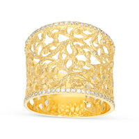 Yellow Gold Filigree Ring Rimmed in Pave Diamonds