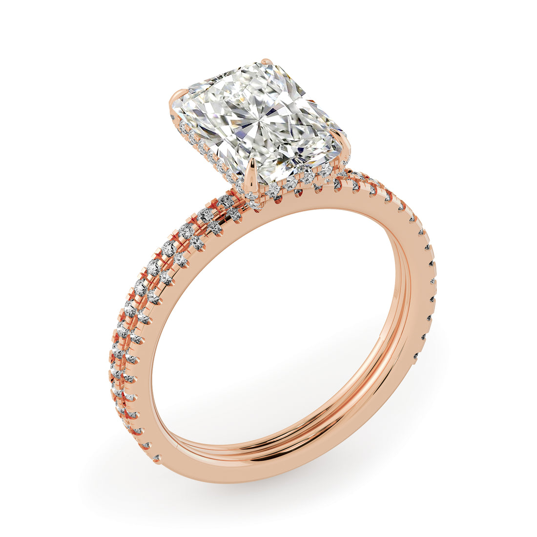 Elongated Radiant Cut Hidden Halo Pave Engagement Ring Bridal Set - 605