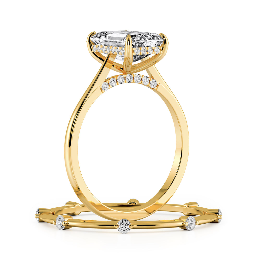 Emerald Cut Hidden Halo Cathedral Engagement Ring Bridal Set - 721