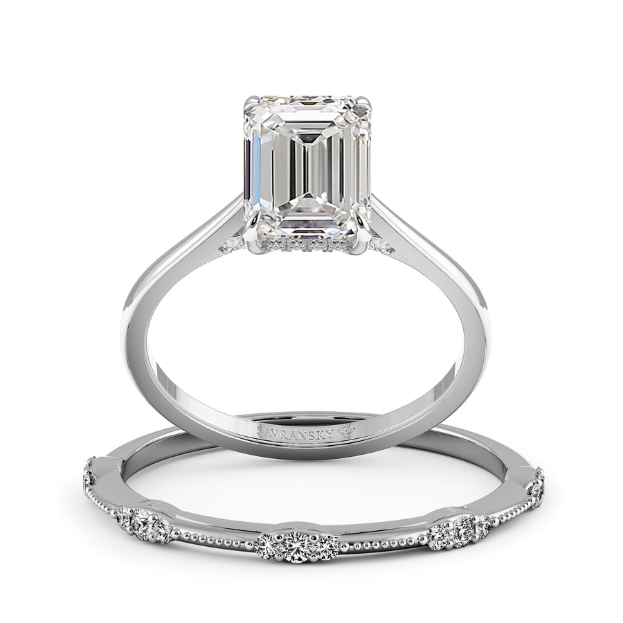 Emerald Cut Hidden Halo Elegant stackable wedding rings - 723