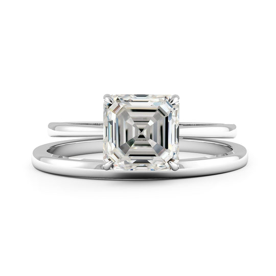 Sqaured Emerald Cut Hidden Halo Cathedral Engagement Ring Bridal Set  - 621