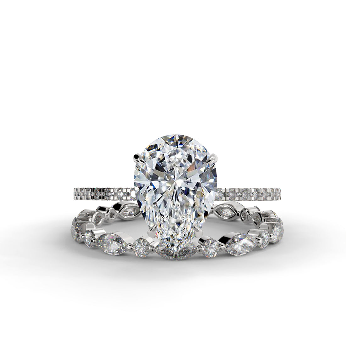 Pear Drop Cut Hidden Halo Pave Engagement Ring Bridal Set - 505