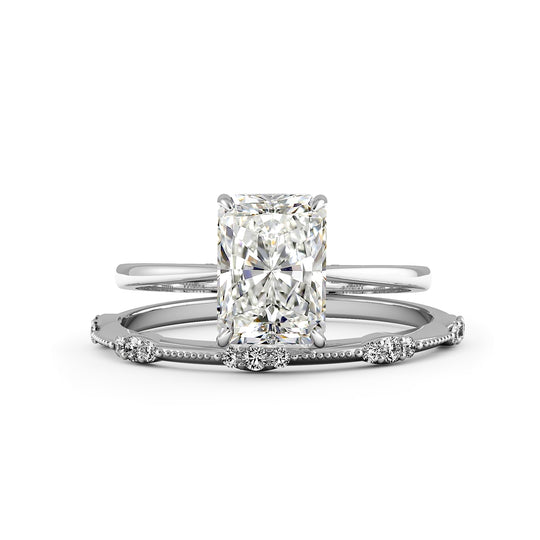 Elongated Radiant Cut Hidden Halo Cathedral Engagement Ring Bridal Set - 603