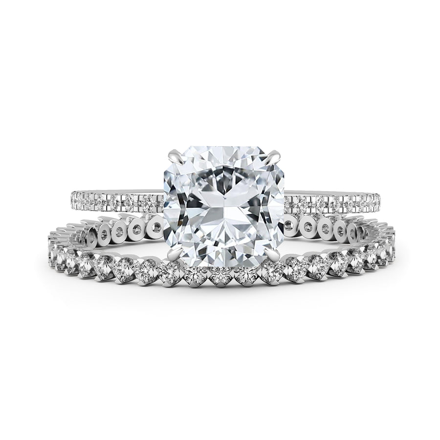 Square Radiant Cut Hidden Halo Eternity Band Engagement Ring Bridal Ring Set - 645