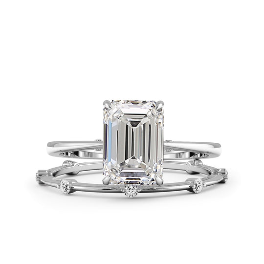 Emerald Cut Hidden Halo Cathedral Engagement Ring Bridal Set - 721