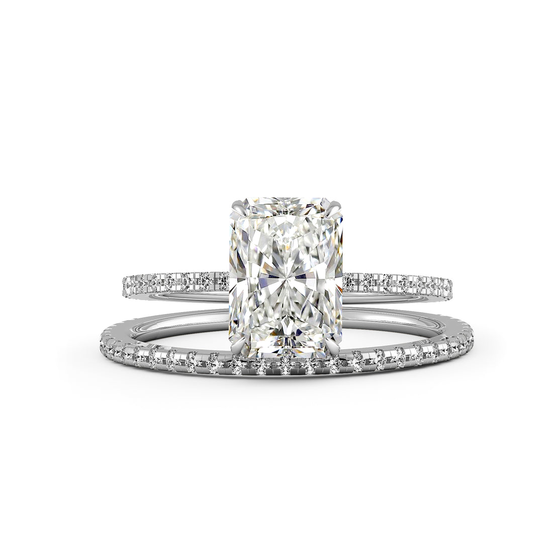 Elongated Radiant Cut Hidden Halo Pave Engagement Ring Bridal Set - 605