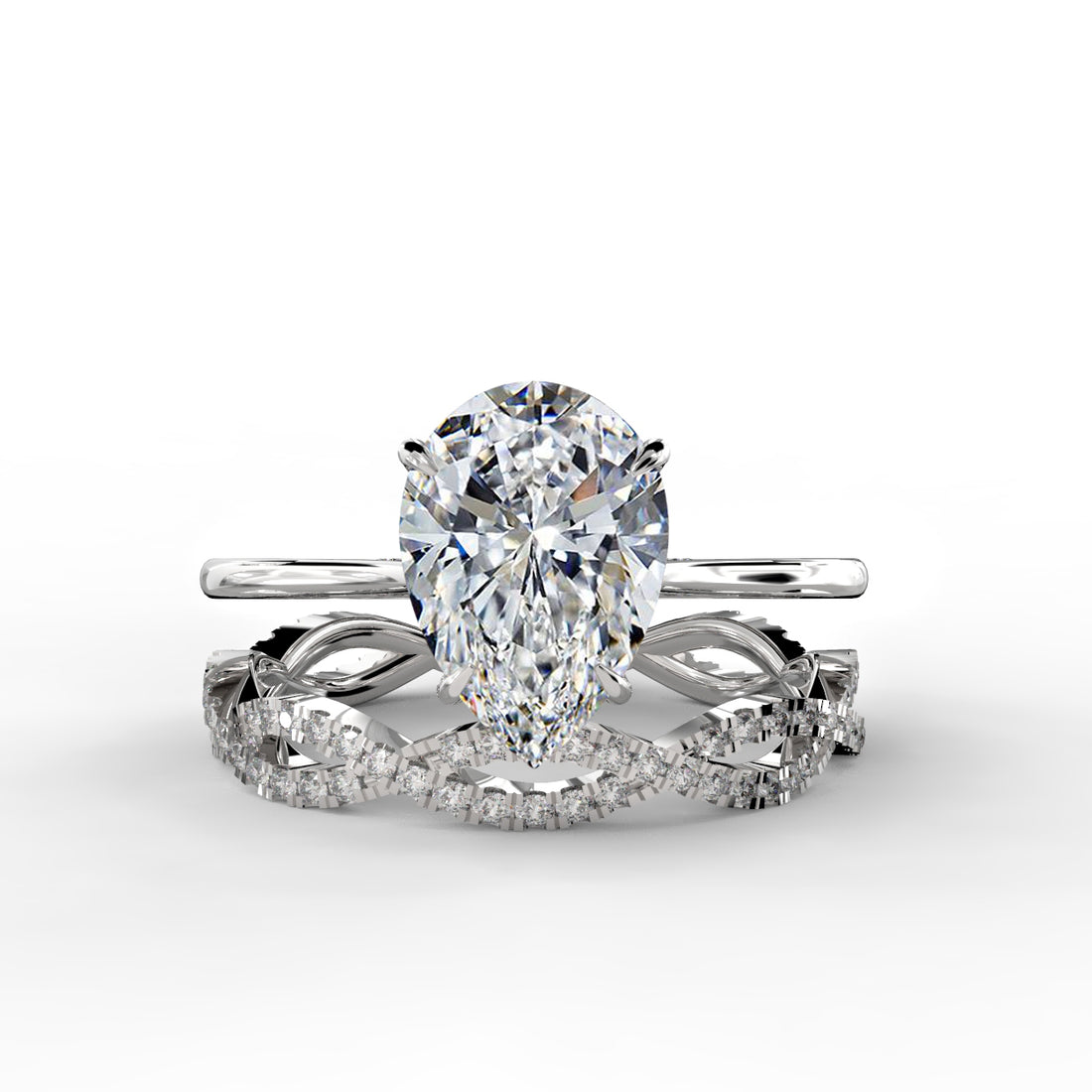 Pear Drop Cut Hidden Halo Cathedral Engagement Ring Bridal Set - 503