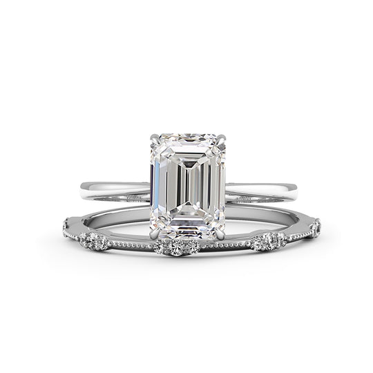Emerald Cut Hidden Halo Elegant stackable wedding rings - 723