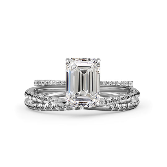 Emerald Cut Pave Engagement And Wedding Ring Set  - 722
