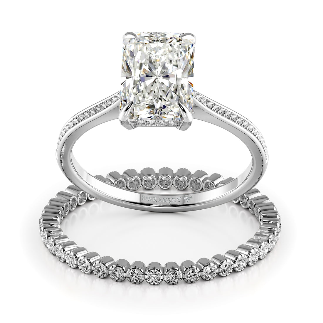 Ring And Ran Radiant Cut Hidden Halo Pave Cathedral Engagement Ring Bridal Set - 48 ...