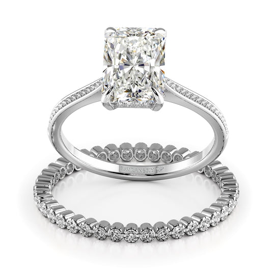 Radiant Cut Hidden Halo Pave Cathedral Engagement Ring Bridal Set - 484