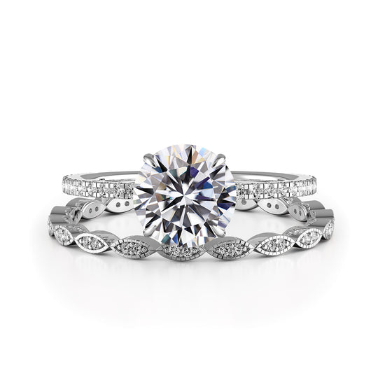 Round Brilliant Cut Hidden Halo Pave Engagement Ring Bridal Set - 402