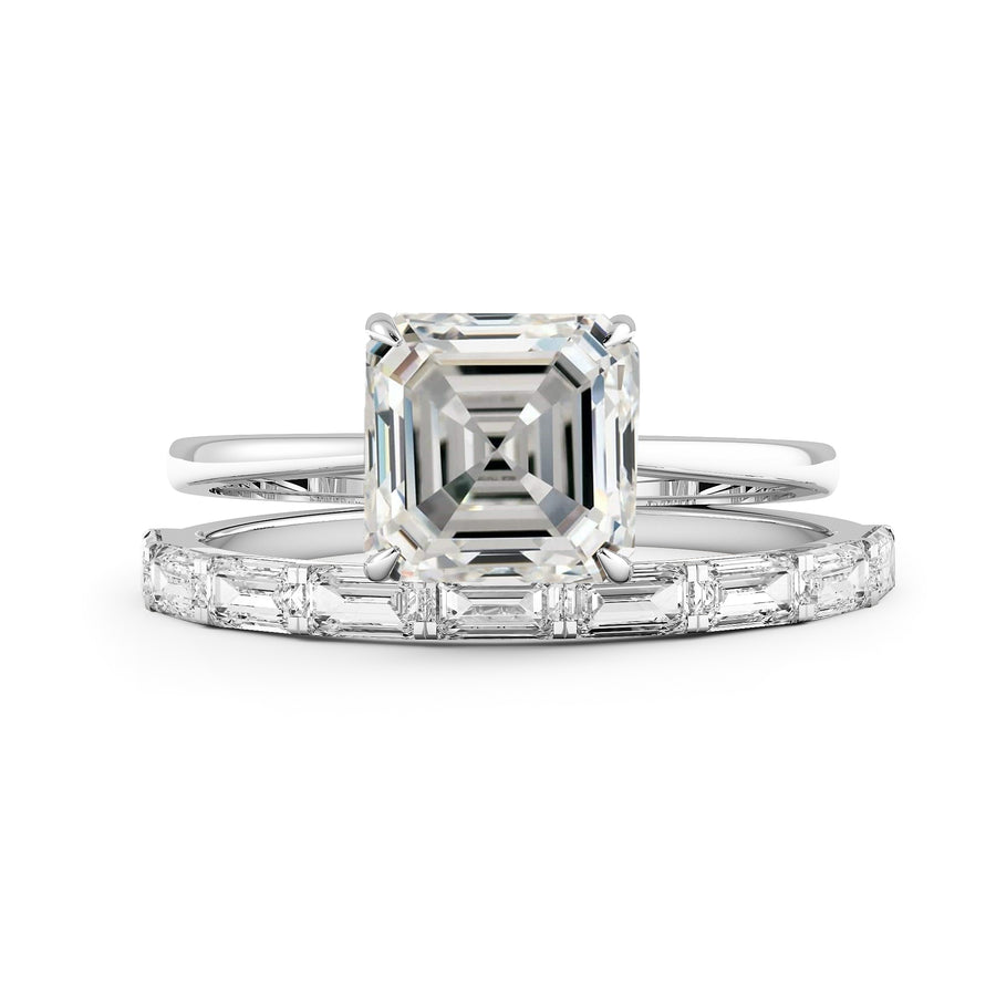 Squared Emerald Cut Hidden Halo Cathedral Engagement Ring Bridal Set - 623