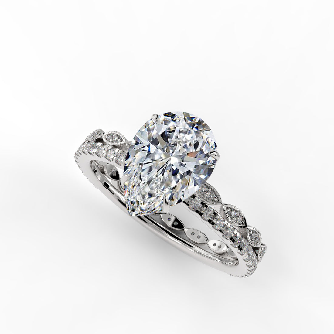 Pear Drop Cut Pave Engagement Ring Bridal Set - 502