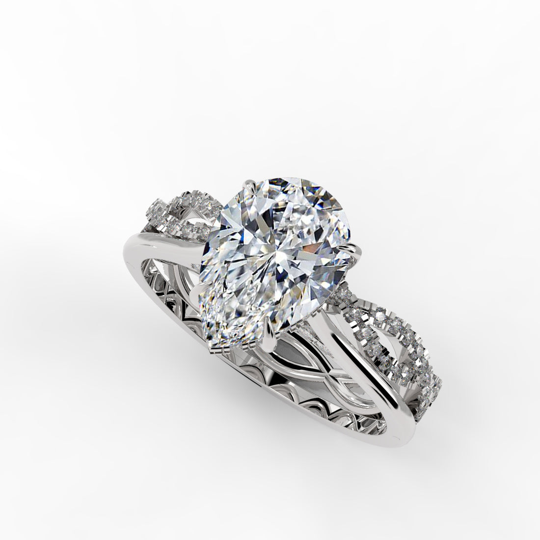 Pear Drop Cut Hidden Halo Cathedral Engagement Ring Bridal Set - 503