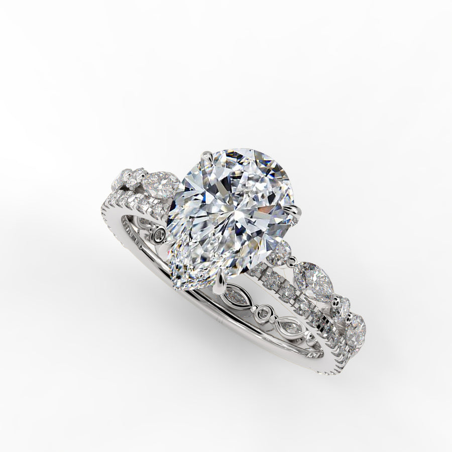 Pear Drop Cut Hidden Halo Pave Engagement Ring Bridal Set - 505