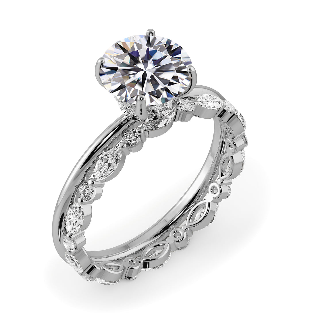Round Brilliant Hidden Halo Engagement Ring Bridal Set - 401