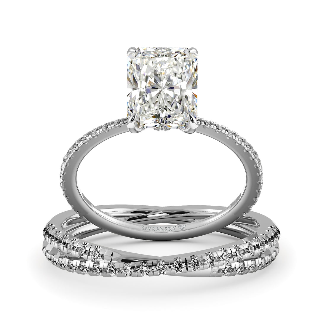 Elongated Radiant Cut Pave Unique Engagement Ring Bridal Set - 602