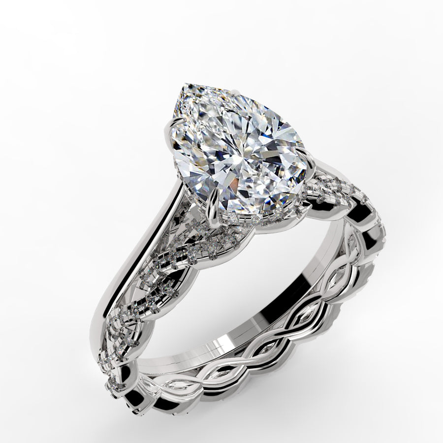 Pear Drop Cut Hidden Halo Cathedral Engagement Ring Bridal Set - 501