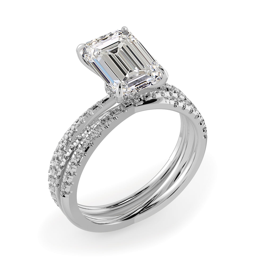 Emerald Cut Pave Engagement And Wedding Ring Set  - 722