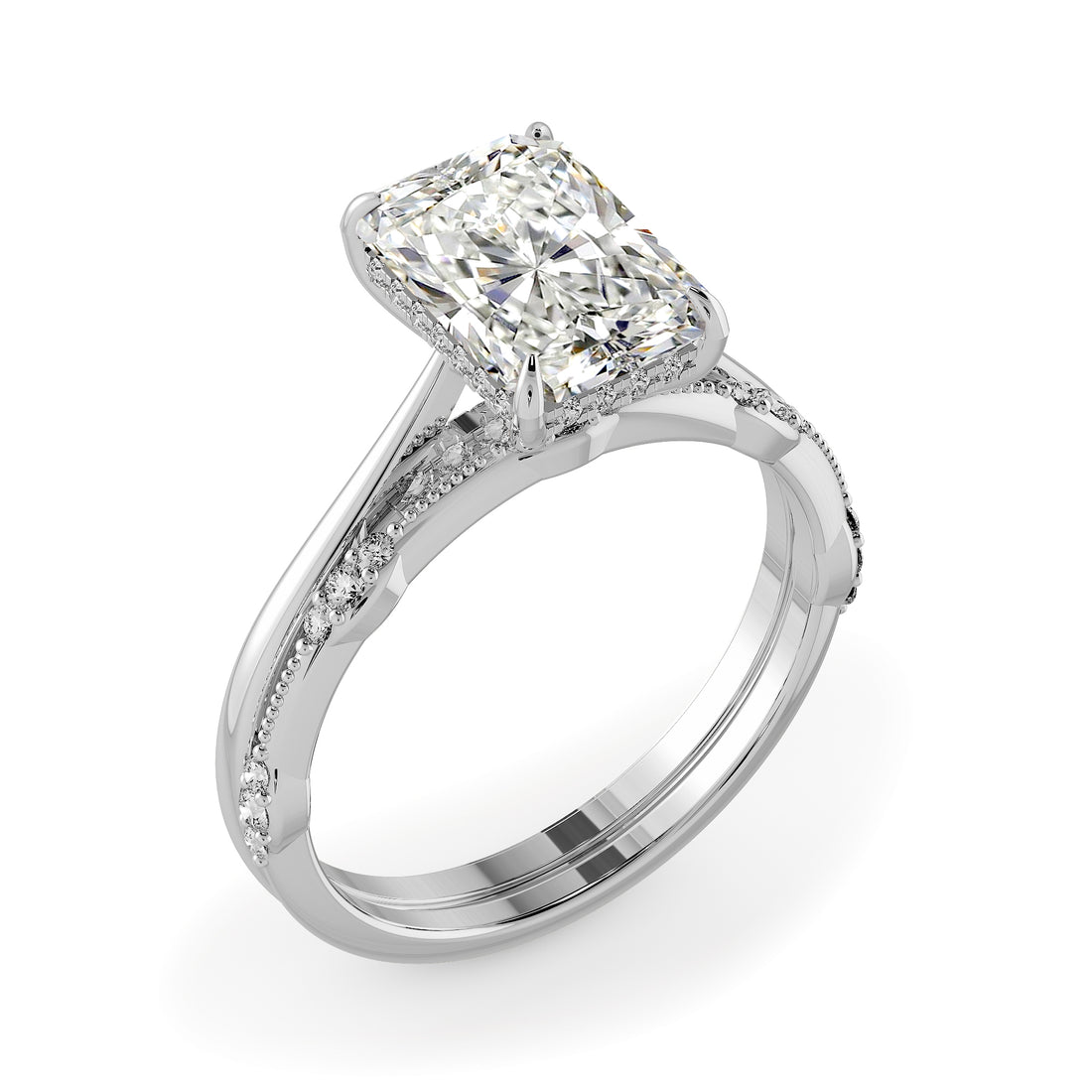 Elongated Radiant Cut Hidden Halo Cathedral Engagement Ring Bridal