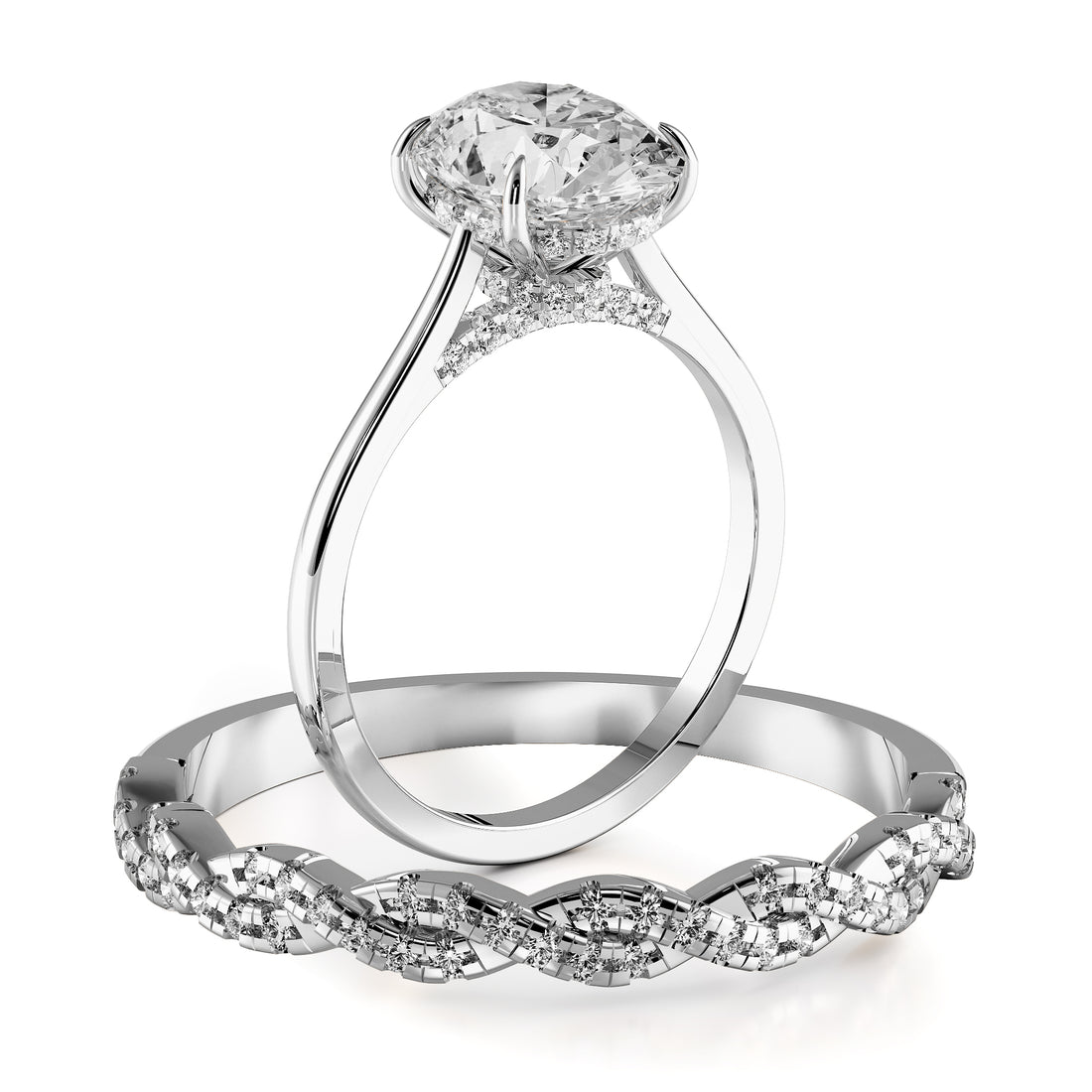 Oval Cut Hidden Halo Cathedral Engagement Ring Bridal Set - 369