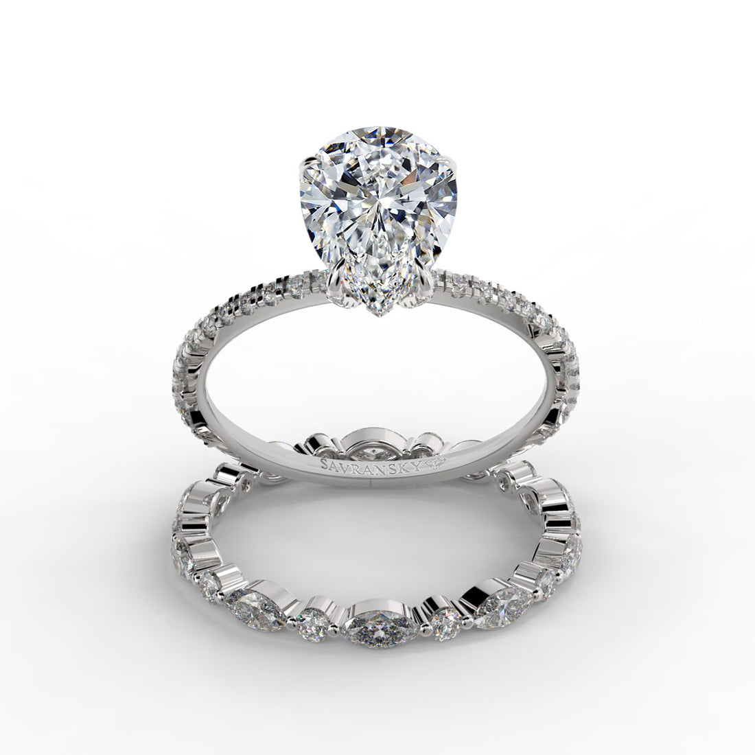 Pear Drop Cut Hidden Halo Pave Engagement Ring Bridal Set - 505