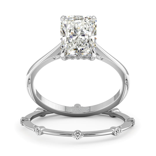 Elongated Radiant Cut Hidden Halo Cathedral Women Wedding Rings Set - 601