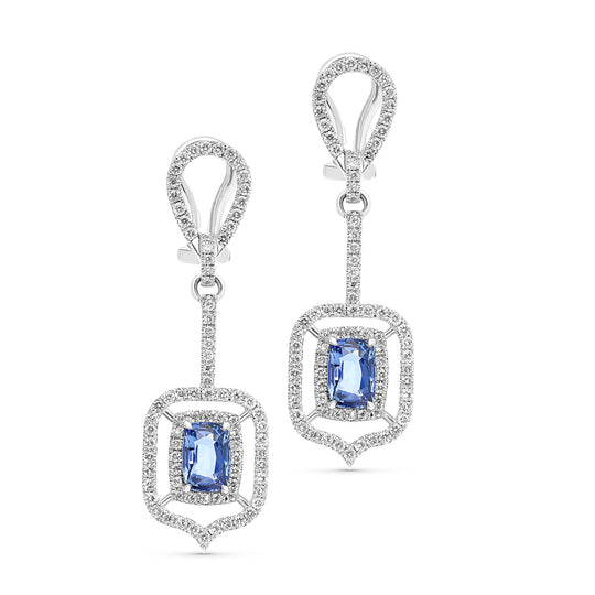 Blue Sapphire and Diamond Dangling Earrings - 4 Carat
