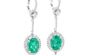 Oval Cut Green Emerald and Diamond Dangle Birthstone Earrings - 6.45 Carat