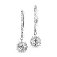 White Gold Halo Diamond Drop Earrings - 1.2 Carat