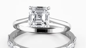 Squared Emerald Cut Hidden Halo Cathedral Engagement Ring Bridal Set - 623
