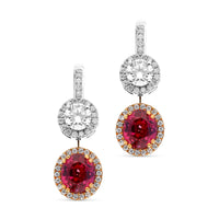 Two Tone Diamond and Pink Sapphire Drop Earrings - 5.4 Carat